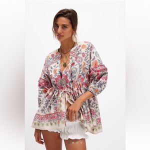 Free People Avery Ivory Noir Floral Tunic Top NWT Size S Adjustable Waist NWT.